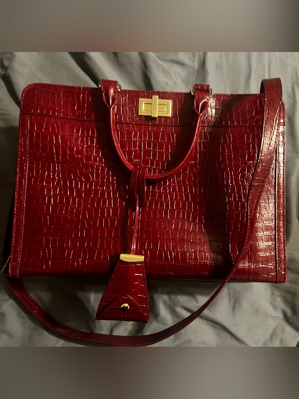 Talbots Red Croc-Embossed Tote with Gold Accents